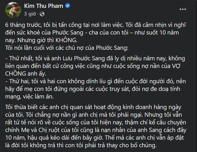 Ly hôn gần 10 năm, Kim Thư vẫn bị chủ nợ của Phước Sang đe dọa, tấn công - Ảnh 3.