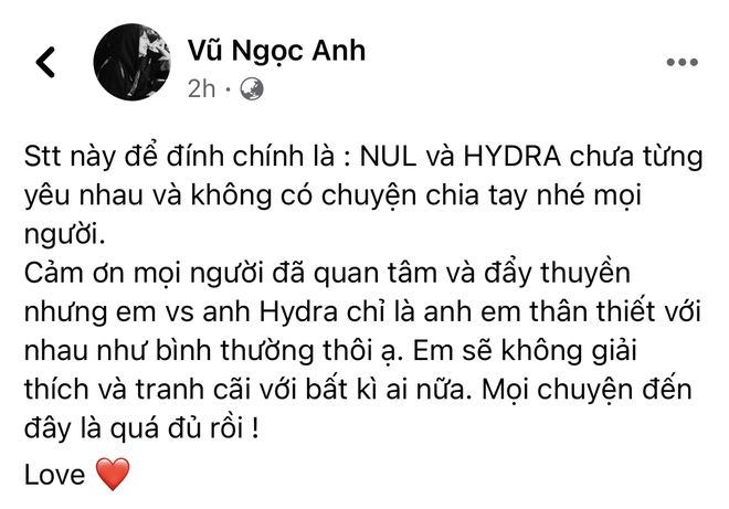 Nul (Rap Việt) bất ngờ đính chính tin đồn tình cảm với Hydra: Chưa từng yêu nhau, chỉ là anh em thân thiết - Ảnh 1.