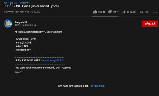 K&ecirc;nh YouTube bị nghi của người Việt vi phạm bản quyền b&agrave;i mới của Ros&eacute;, lyrics video lọt cả top trending nhưng đ&atilde; bị YG cho bay m&agrave;u - Ảnh 3.