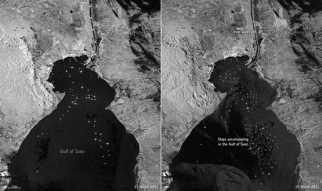 Ảnh vệ tinh cho thấy hàng trăm con tàu trôi nổi chờ đợi trên kênh đào Suez - Ảnh 4.