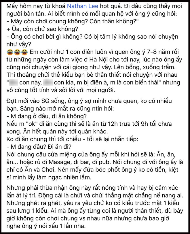 Nathan Lee bị nghi có vấn đề tâm lý vì cách nói chuyện, bạn thân liền làm hẳn status dài hé lộ con người thật của anh - Ảnh 3.