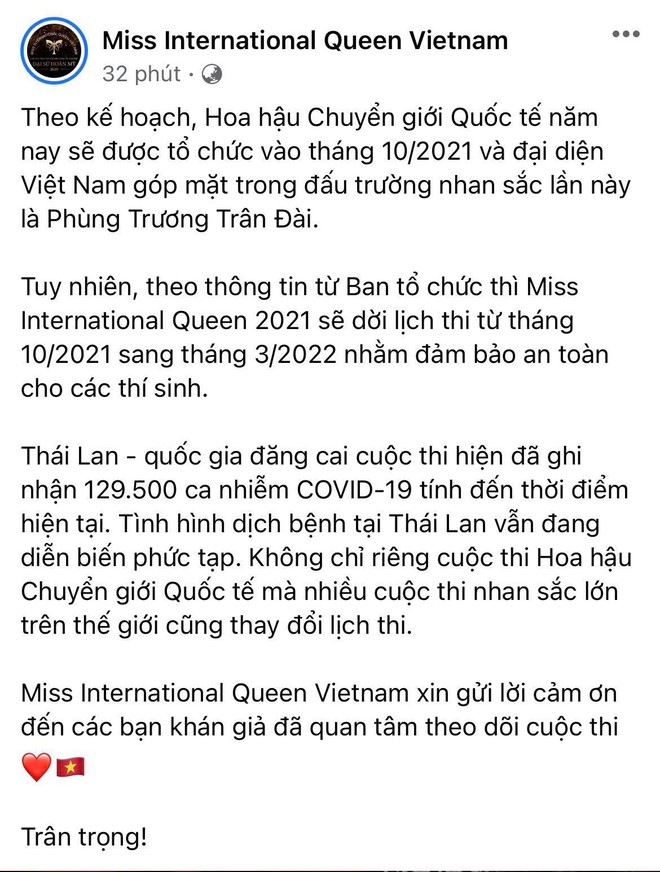 Miss International Queen 2021 chính thức thông báo hoãn lịch thi tại Thái Lan, Trân Đài lên tiếng hé lộ lý do đằng sau - Ảnh 2.