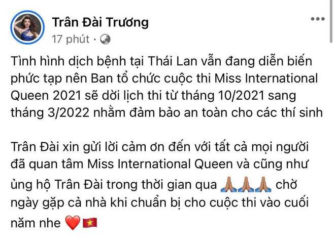 Miss International Queen 2021 chính thức thông báo hoãn lịch thi tại Thái Lan, Trân Đài lên tiếng hé lộ lý do đằng sau - Ảnh 3.