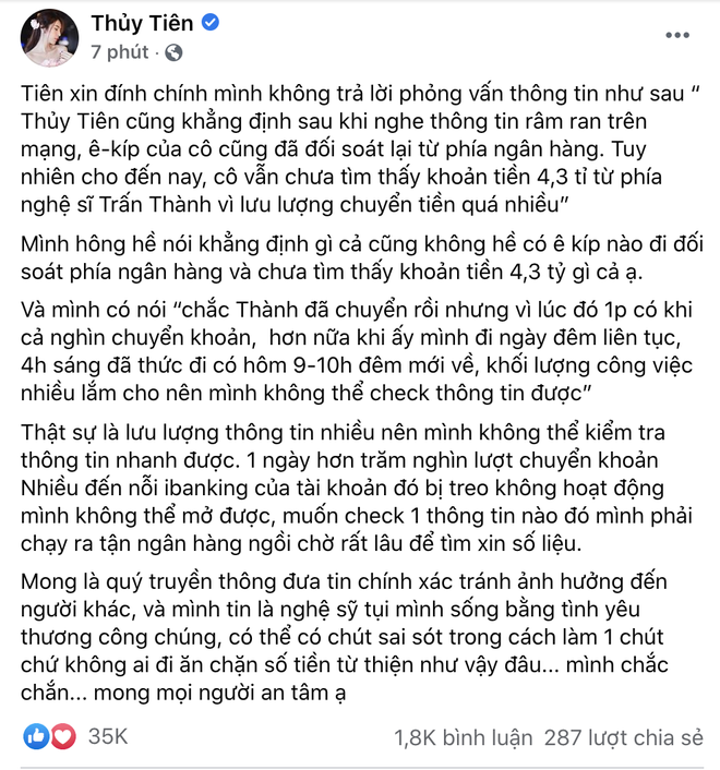 Thuỷ Ti&ecirc;n l&ecirc;n tiếng về khoản 4,7 tỷ li&ecirc;n quan đến Trấn Th&agrave;nh: C&oacute; thể c&oacute; ch&uacute;t sai s&oacute;t trong c&aacute;ch l&agrave;m, kh&ocirc;ng ai ăn chặn số tiền từ thiện như vậy - Ảnh 2.