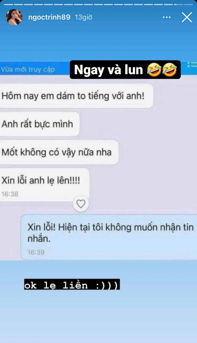 Mới h&ocirc;m n&agrave;o c&ograve;n gọi bồ l&agrave; &ldquo;cậu b&eacute;&rdquo; rồi h&ocirc;n h&iacute;t si&ecirc;u t&igrave;nh tứ, nay Ngọc Trinh tự để lộ tin nhắn nghi đ&atilde; toang?  - Ảnh 2.