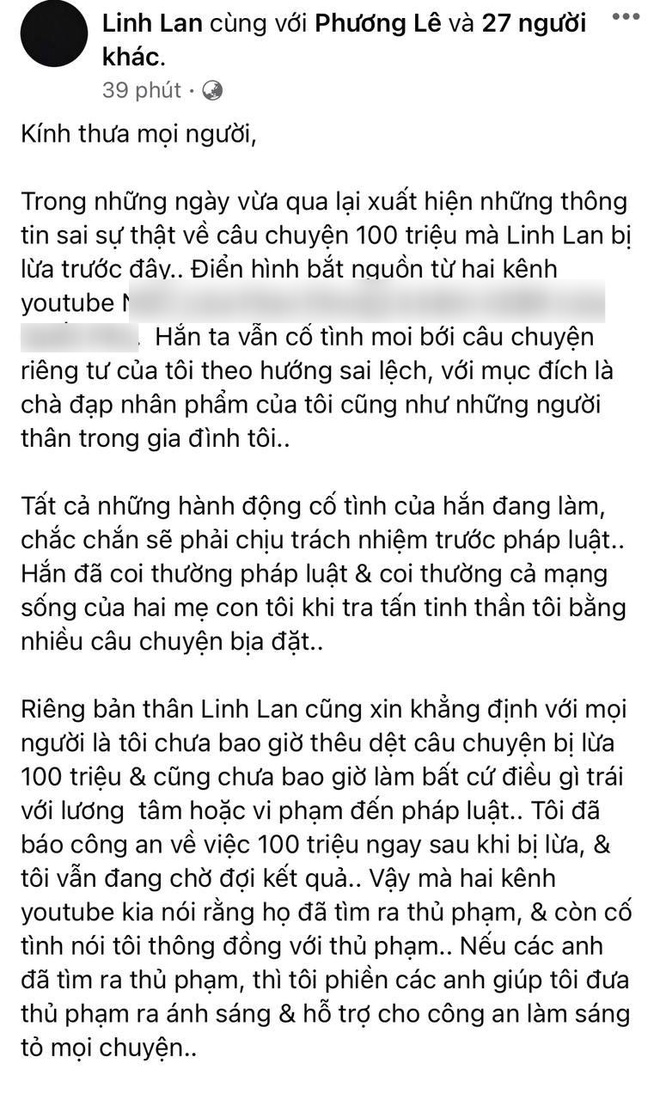 Linh Lan chính thức lên tiếng vì bị tố là đồng phạm trong vụ lừa đảo 100 triệu chi phí tang lễ của NS Vân Quang Long - Ảnh 2.
