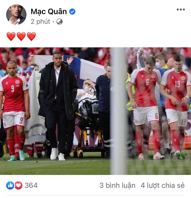 Diệu Nhi bật kh&oacute;c, Trịnh Thăng B&igrave;nh v&agrave; d&agrave;n sao Việt cầu nguyện cho cầu thủ Eriksen tuyển Đan Mạch đột ngột ng&atilde; gục tr&ecirc;n s&acirc;n đấu Euro - Ảnh 10.