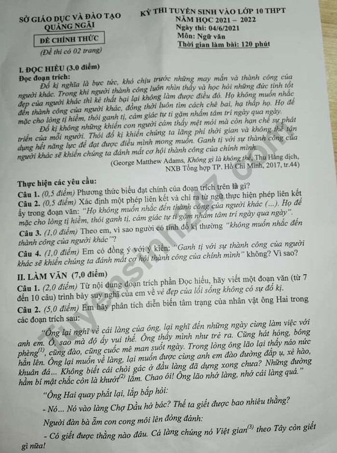 Đáp án đề thi môn Ngữ Văn vào lớp 10 của các tỉnh thành năm 2021 - Ảnh 15.