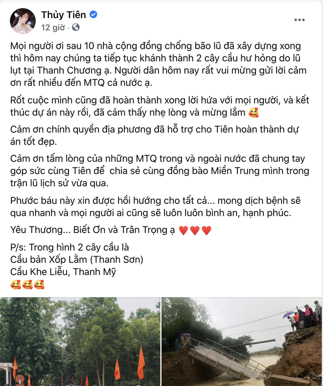 Thuỷ Tiên khánh thành 2 cây cầu hư hỏng do lũ lụt, chính thức kết thúc dự án hỗ trợ miền Trung - Ảnh 2.