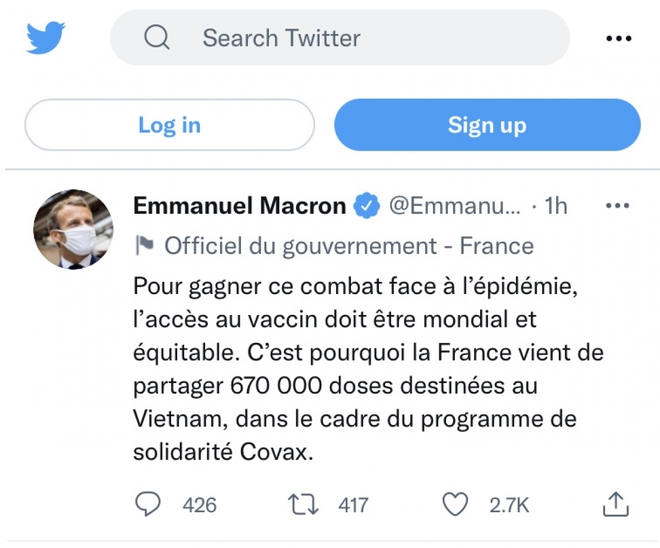 Tổng thống Pháp Macron thông báo chia sẻ 670.000 liều vaccine Covid-19 cho Việt Nam  - Ảnh 1.