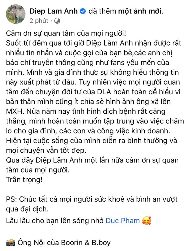 Diệp Lâm Anh trực tiếp lên tiếng trước tin đồn ly hôn, đăng ảnh cả gia đình và tiết lộ tình trạng với nhà chồng - Ảnh 2.