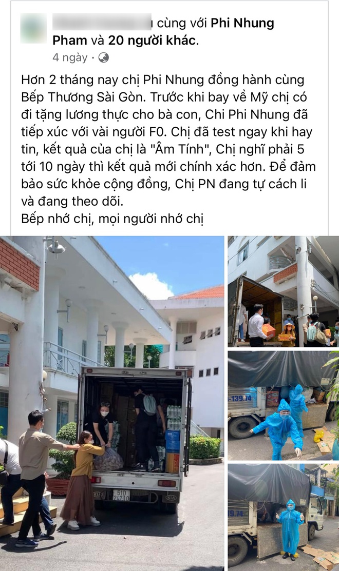 Phi Nhung đã có 2 tháng đồng hành cùng 1 bếp ăn ở TP.HCM, trước khi về Mỹ cô cũng đi phát lương thực và có tiếp xúc với F0