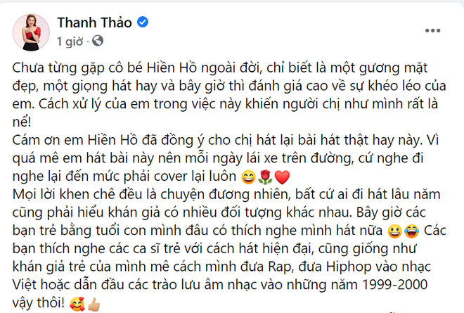 Thanh Thảo lên tiếng về bản cover hit của Hiền Hồ bị chê: Bây giờ các bạn trẻ bằng tuổi con mình đâu có thích nghe mình hát nữa - Ảnh 2.