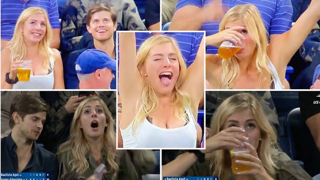 Fan nữ xinh đẹp bất ngờ tạo viral nhờ màn uống bia trăm phần trăm trong một nốt nhạc ở US Open - Ảnh 2.