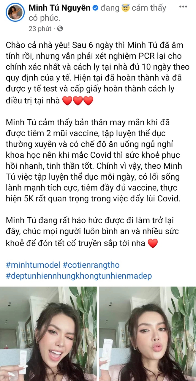 Tin vui: Minh Tú thông báo có kết quả âm tính với Covid-19, tình hình hiện tại thế nào? - Ảnh 2.