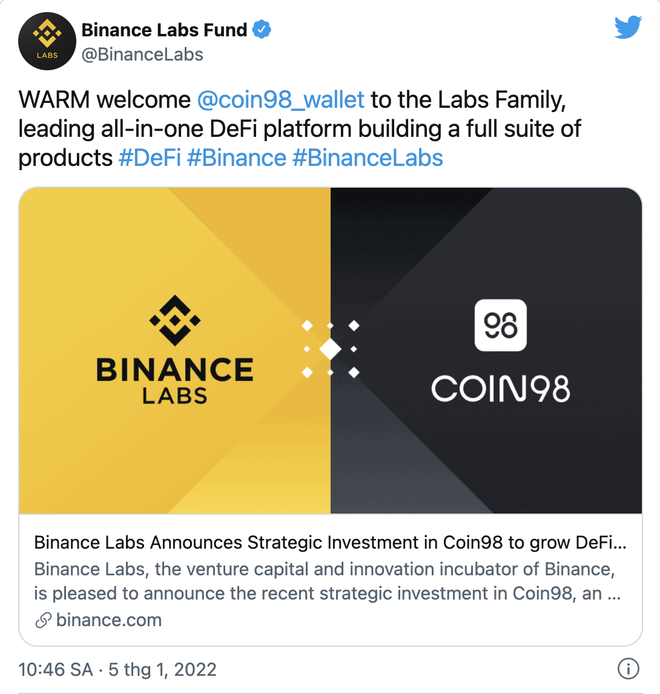 Coin98 - Một dự án tiền mã hóa của người Việt bất ngờ được Binance Labs tuyên bố rót vốn đầu tư - Ảnh 1.