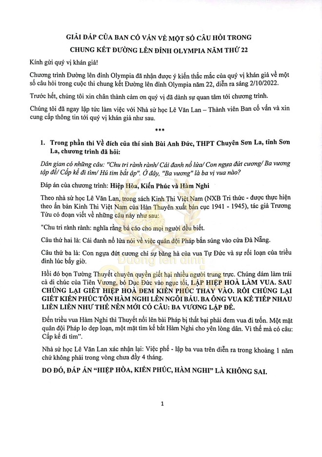 Nghi vấn làm sai đáp án của loạt câu hỏi lịch sử trong trận Chung kết, BTC Olympia chính thức lên tiếng - Ảnh 1.