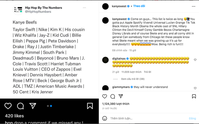 Kanye West công khai danh sách kẻ thù: từ Taylor Swift, Billie Eilish... đến nhân vật hoạt hình cũng bị ghim, cứ như trò đùa ý! - Ảnh 2.