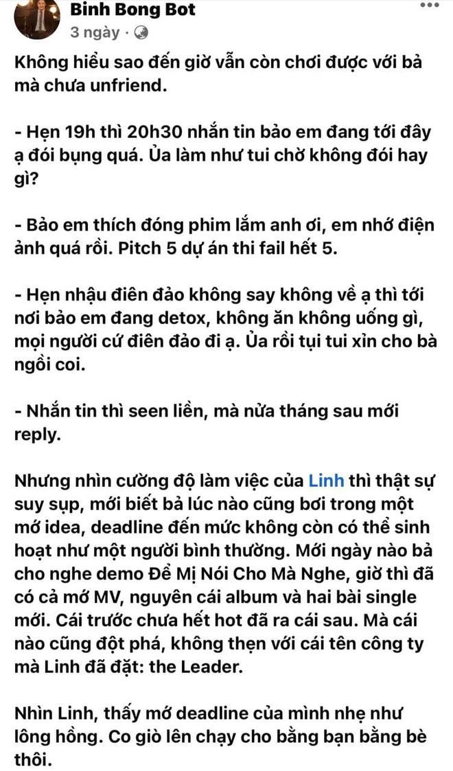 Bi&ecirc;n kịch nổi tiếng tiết lộ việc Ho&agrave;ng Th&ugrave;y Linh thường xuy&ecirc;n trễ hẹn, nhắn tin seen ngay nhưng nửa th&aacute;ng sau mới rep, l&iacute; do lại khiến fan x&oacute;t xa! - Ảnh 2.