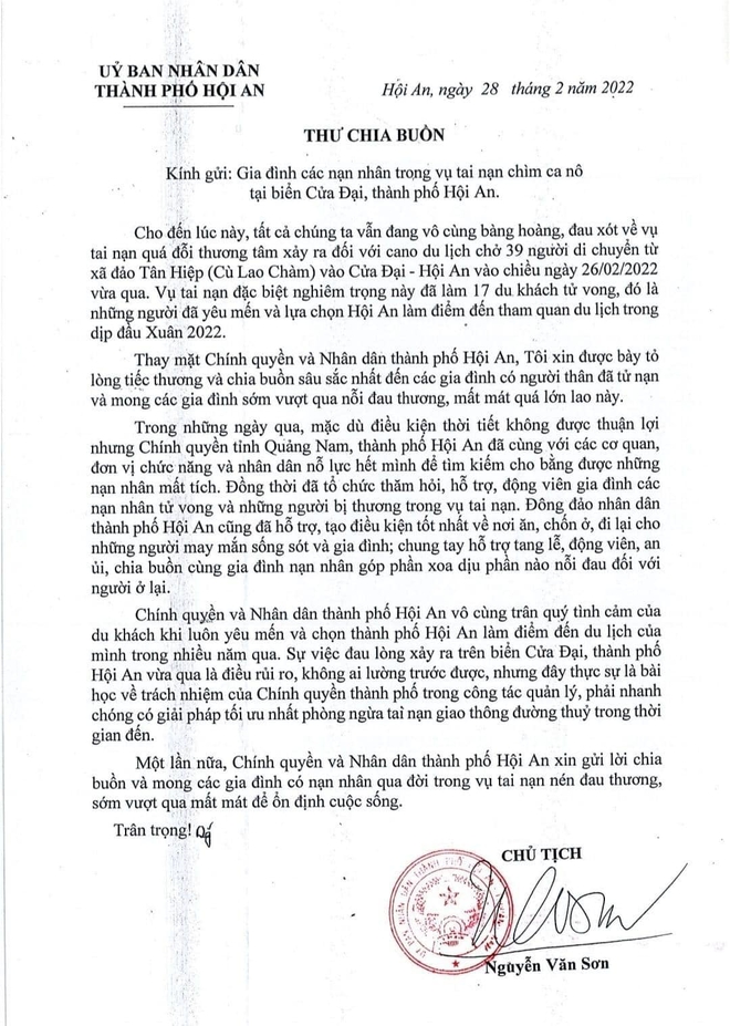 Vụ chìm cano khiến 17 người chết: Chủ tịch TP Hội An gửi thư chia buồn, mong các gia đình sớm vượt qua nỗi đau mất mát - Ảnh 1.