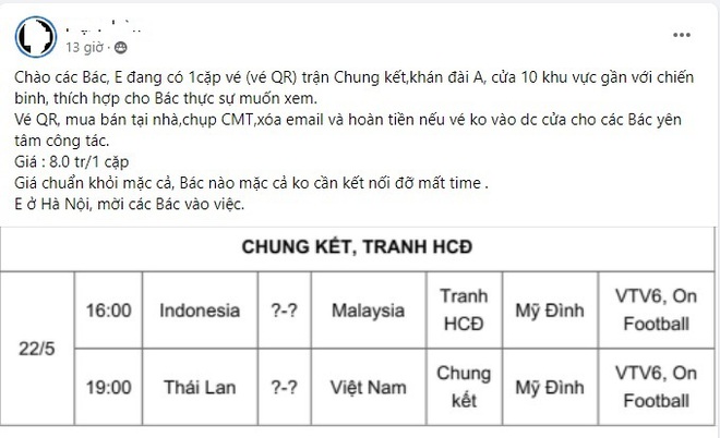 Giá vé trận chung kết U23 Việt Nam - Thái Lan sôi sục, người bán đòi 18 triệu đồng/cặp - Ảnh 4.