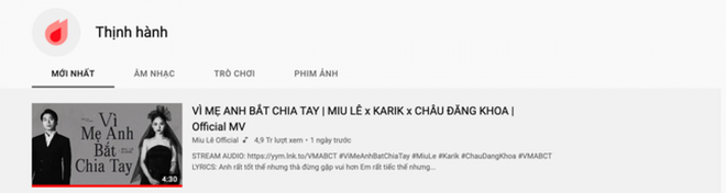 Miu Lê và Karik chiếm lĩnh Top 1 Trending Youtube Việt Nam với MV mới - Ảnh 1.