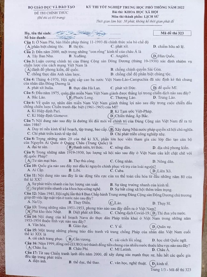 Đề thi chính thức kỳ tốt nghiệp THPT 2022 tổ hợp Khoa học xã hội: Lịch sử, Địa lý, Giáo dục công dân - Ảnh 1.