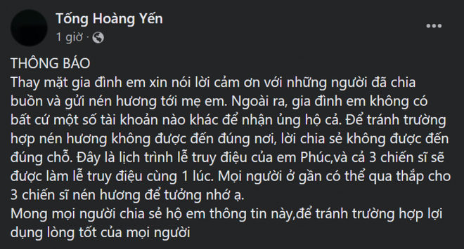 Gia đình 3 chiến sỹ PCCC không kêu gọi xin tiền phúng điếu trên mạng xã hội - Ảnh 2.