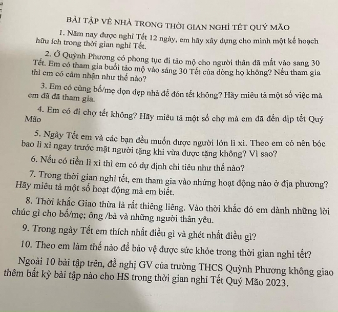 Bài tập về nhà đặc biệt cho học sinh dịp Tết của thầy hiệu trưởng gây sốt - Ảnh 1.