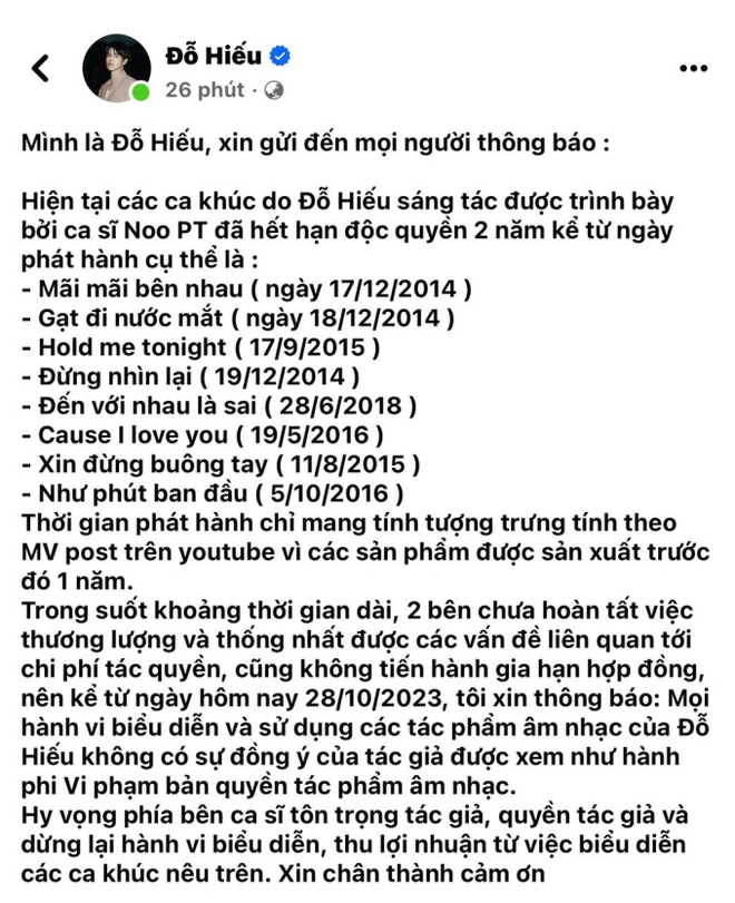 Hàng loạt hit của Noo Phước Thịnh đã hết hạn bản quyền, NS Đỗ Hiếu yêu cầu nam ca sĩ không được trình diễn nữa - Ảnh 3.