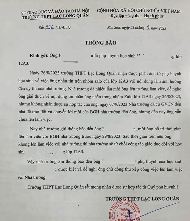 Vụ bố phản &aacute;nh, con bị từ chối gi&aacute;o dục: Trường n&oacute;i chỉ doạ để phụ huynh l&ecirc;n l&agrave;m việc - Ảnh 1.