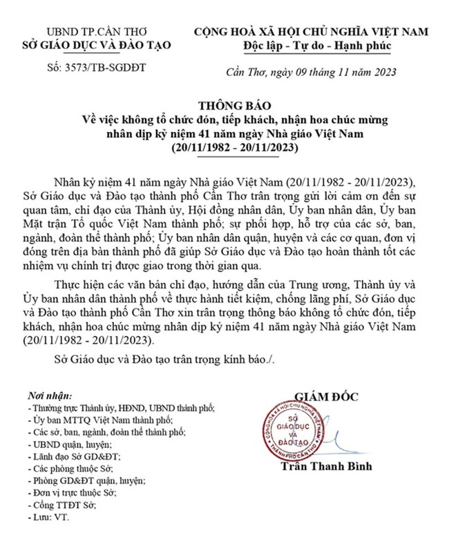 Sở GD-ĐT TP Cần Thơ th&ocirc;ng tin bất ngờ nh&acirc;n dịp Ng&agrave;y Nh&agrave; gi&aacute;o Việt Nam - Ảnh 1.