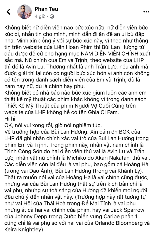 Một nữ diễn viên bức xúc khi Bùi Lan Hương đoạt giải ở Bông Sen Vàng, đạo diễn Em Và Trịnh lên tiếng - Ảnh 2.