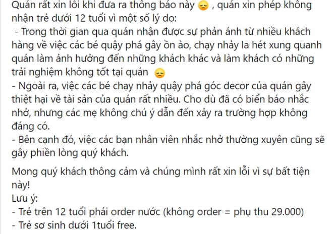 Quán cafe ở TP.HCM thông báo không tiếp trẻ dưới 12 tuổi cùng bằng chứng gây bức xúc: Bao giờ phụ huynh mới thôi bài ca trẻ nhỏ biết gì! - Ảnh 1.