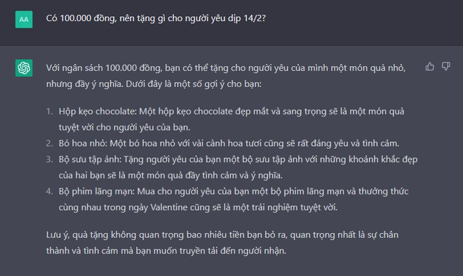 Chưa biết tặng quà gì cho ngày Valentine, nghe ChatGPT tư vấn làm ai cũng phải gật gù: Có cả lịch trình từ A-Z! - Ảnh 2.