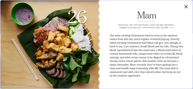 Nh&agrave; h&agrave;ng Việt b&aacute;n b&uacute;n đậu mắm t&ocirc;m 800 ngh&igrave;n VNĐ/suất ở New York: Lọt top 30 qu&aacute;n ăn ngon nhất của b&aacute;o Mỹ, thực đơn khiến kh&aacute;ch ca ngợi hết lời - Ảnh 1.