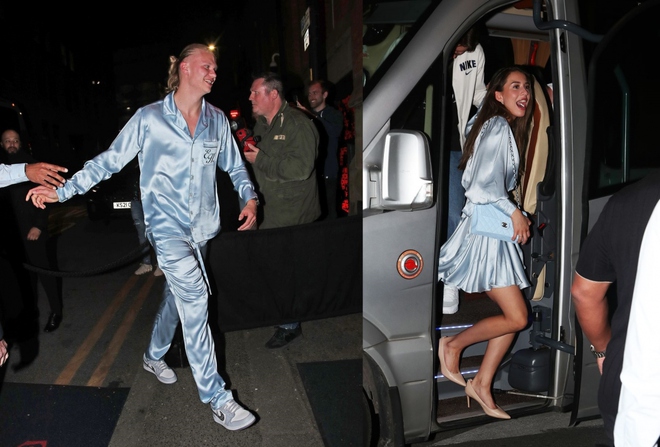 Haaland v&agrave; bạn g&aacute;i mặc đồ ngủ đ&ocirc;i đi dự tiệc mừng Man City v&ocirc; địch Ngoại hạng Anh - Ảnh 1.