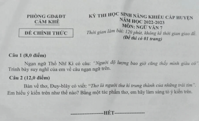 Đề Văn lớp 7 kh&oacute; như thi học sinh giỏi quốc gia, Ph&ograve;ng GD&ĐT l&ecirc;n tiếng - Ảnh 1.