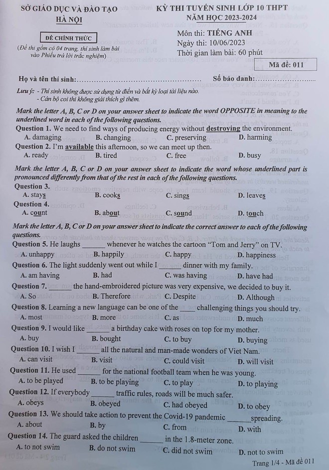 Tất cả mã đề thi tuyển sinh lớp 10 môn Anh Hà Nội năm 2023 - Ảnh 1.
