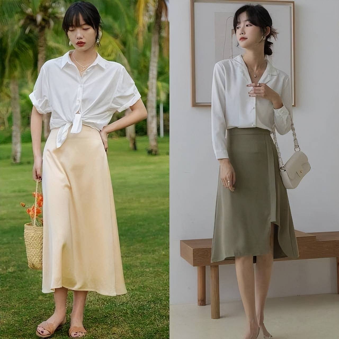 SetVay3361 Set áo croptop bo chun eo tay bồng mix chân váy midi dáng dài