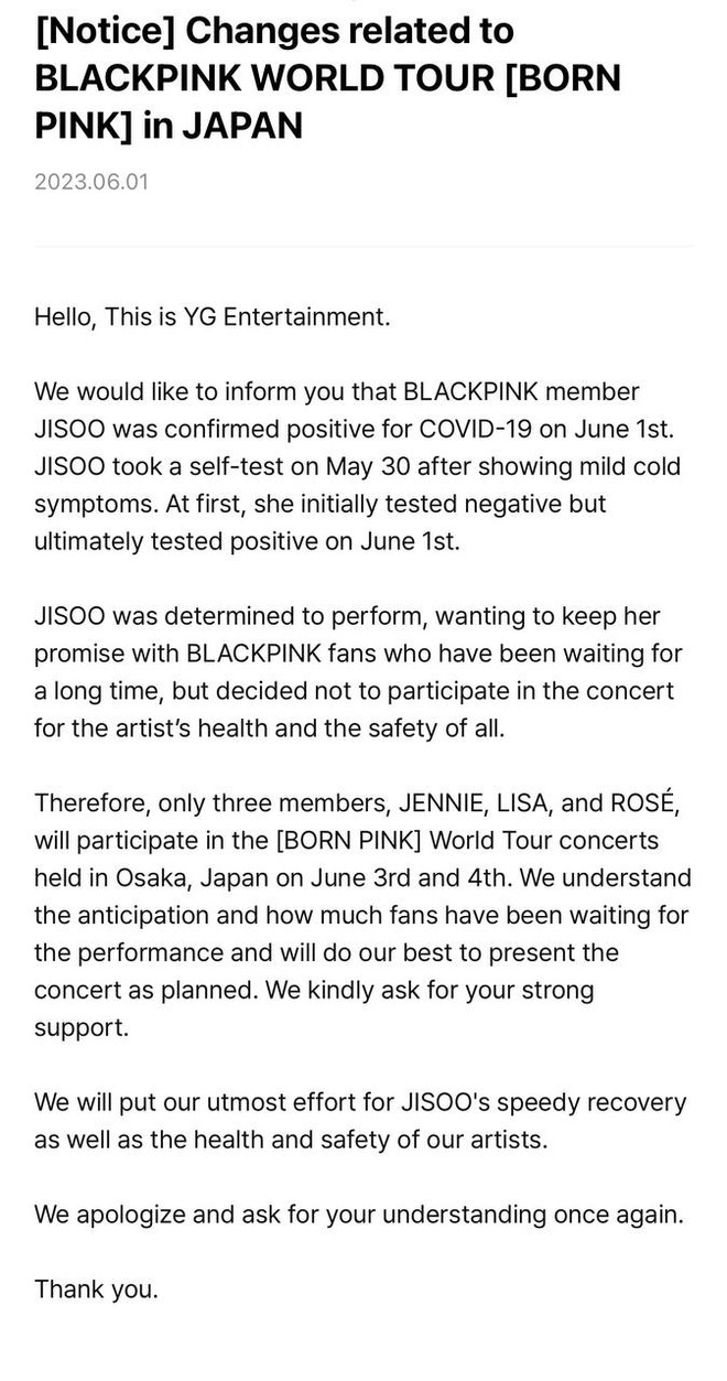 YG xác nhận Jisoo (BLACKPINK) dương tính Covid-19, concert tại Nhật sẽ chỉ có 3 thành viên - Ảnh 2.