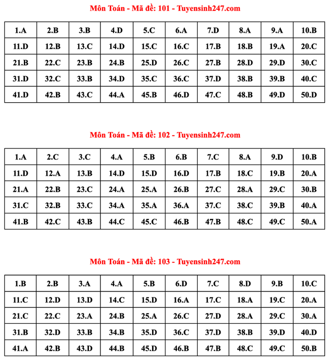 Gợi &yacute; đ&aacute;p &aacute;n đề thi tốt nghiệp THPT 2023 m&ocirc;n To&aacute;n đầy đủ 24 m&atilde; đề - Ảnh 1.