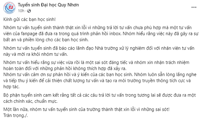 Tư vấn tuyển sinh công kích học sinh, trường Đại học Quy Nhơn công khai xin lỗi lúc nửa đêm - Ảnh 3.