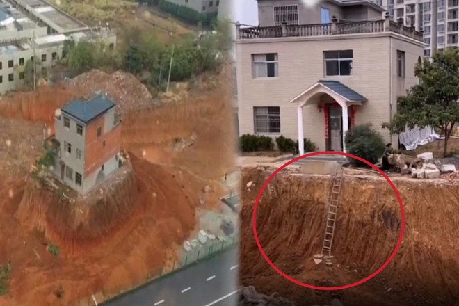 Biệt thự Trung Quốc 300m2 bị kho&eacute;t đất xung quanh do kh&ocirc;ng chịu di dời, gia chủ phải bắc thang cao 3m để tr&egrave;o l&ecirc;n tr&egrave;o xuống mỗi ng&agrave;y - Ảnh 1.