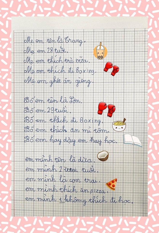 Cậu b&eacute; lớp 1 viết văn tả mẹ tập boxing, bố ăn m&igrave; t&ocirc;m, đọc c&acirc;u kết d&acirc;n t&igrave;nh &ocirc;m bụng cười - Ảnh 1.