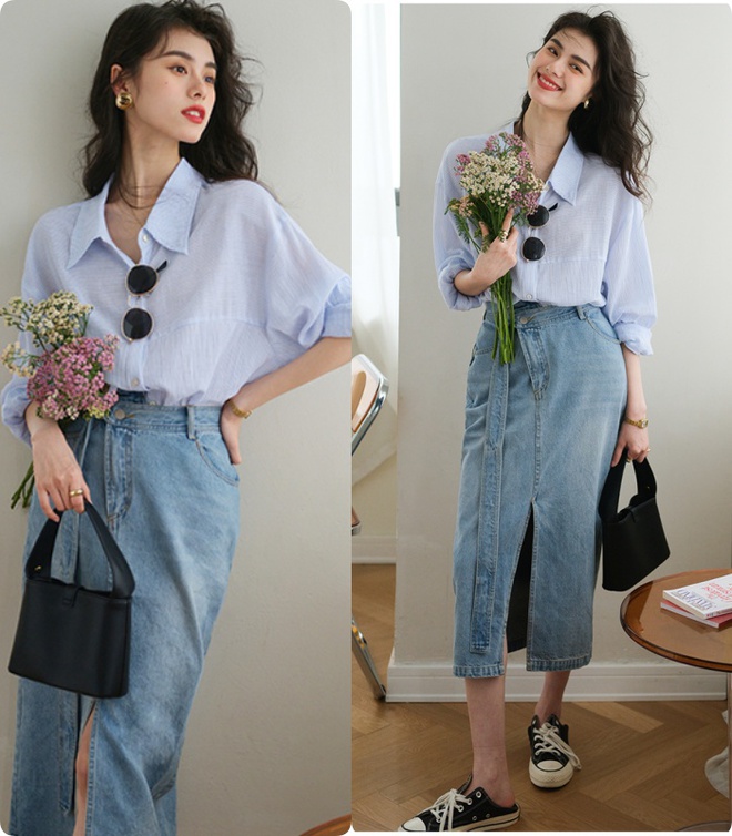 Chân Váy Dáng Suông Nữ Jeans Dài Dây Rút | FM Style