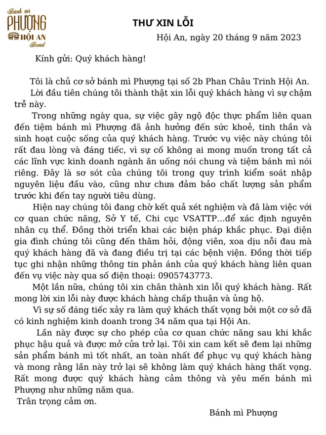 Vụ ngộ độc b&aacute;nh m&igrave; Phượng: Chủ tiệm gửi thư xin lỗi, mong được kh&aacute;ch h&agrave;ng th&ocirc;ng cảm - Ảnh 2.