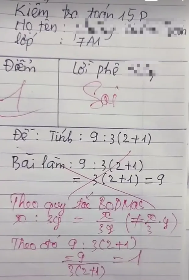 Giáo viên lên tiếng về bài Toán gây sóng gió MXH 9 : 3 (1 + 2) = 1 hay 9? - Ảnh 1.