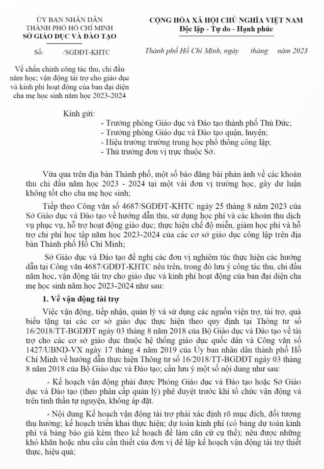 Li&ecirc;n tiếp c&aacute;c vụ lạm thu v&ocirc; l&yacute; đầu năm học, Sở GD&ĐT TP.HCM ra c&ocirc;ng văn khẩn - Ảnh 1.
