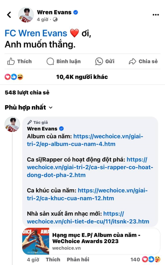 MCK và Wren Evans quyết chiến không khoan nhượng, trực tiếp đứng ra kêu gọi bình chọn, cuộc đua WeChoice quá gay cấn! - Ảnh 2.